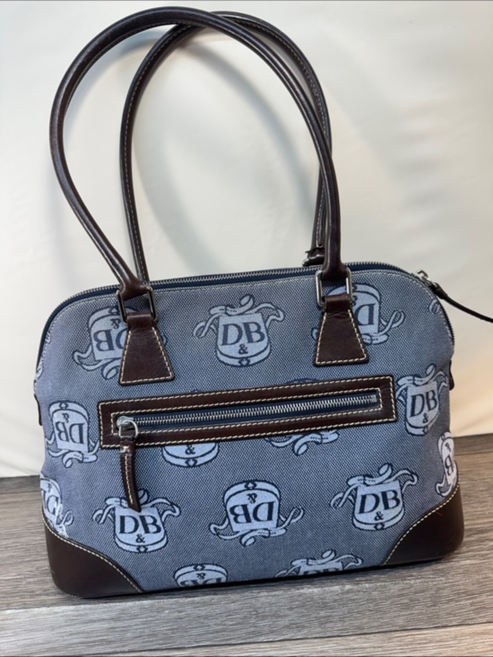 Dooney & Bourke Blue Monogram Dome Shoulder Bag with Brown Trim
